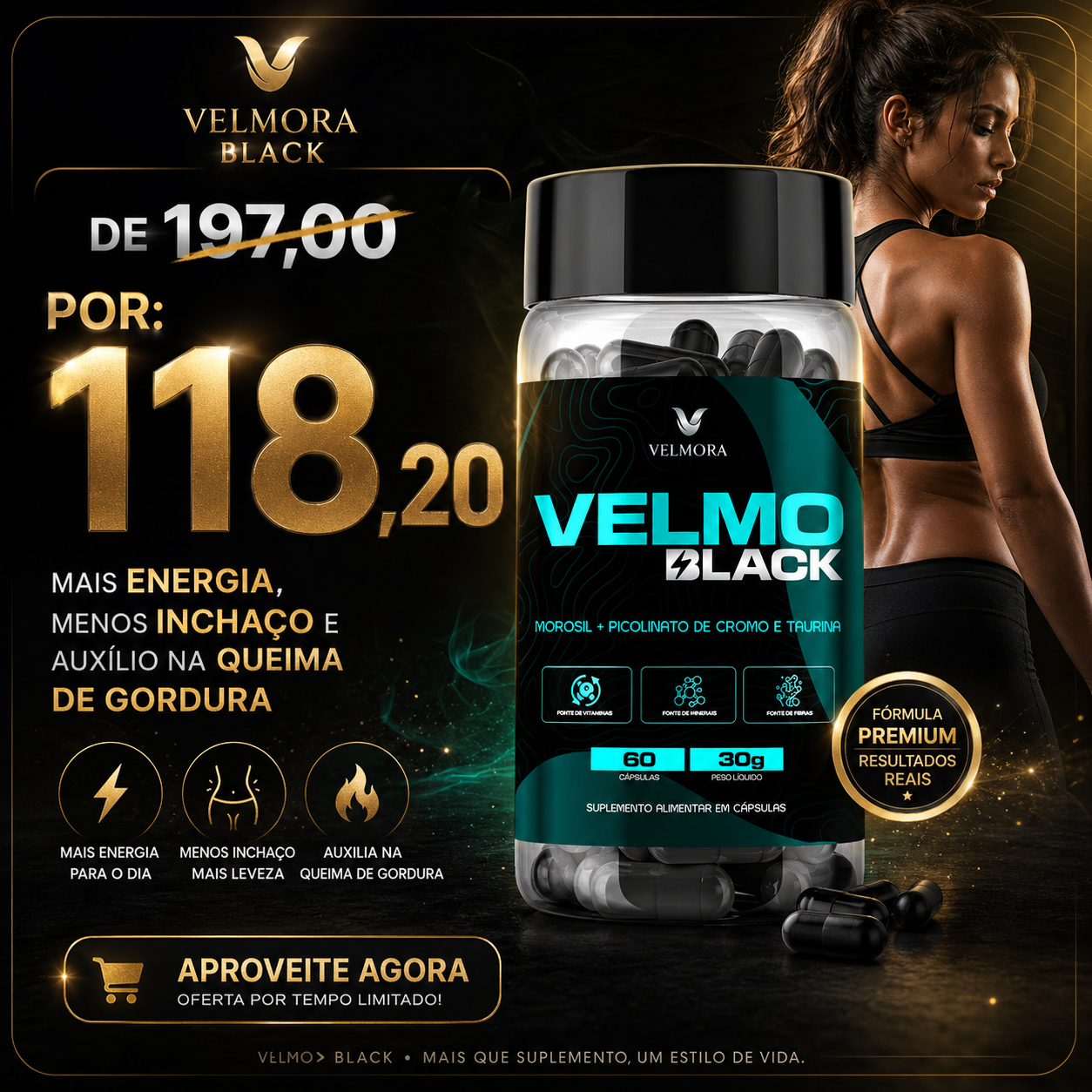 Suplemento premium VELMO BLACK com energia